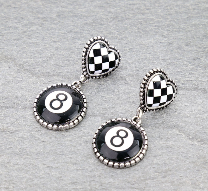 8 Ball with Checker Heart Stud Earrings