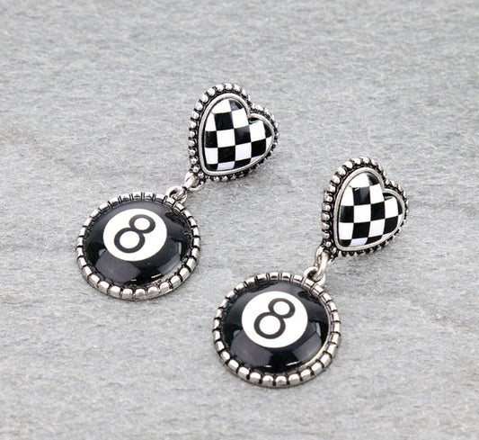 8 Ball with Checker Heart Stud Earrings