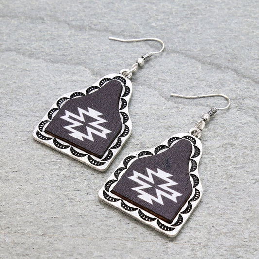 Western Aztec Pattern Wood Cattle Tag Dangle Earrings
