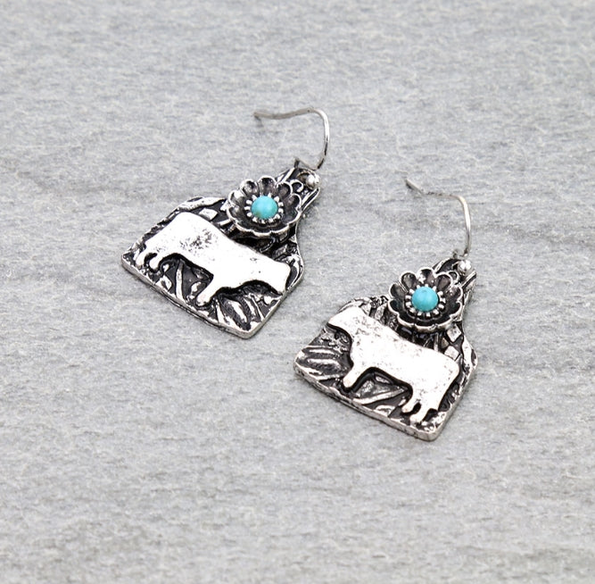 Western Cow Ear Tag Dangle Earrings