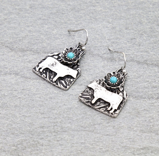 Western Cow Ear Tag Dangle Earrings