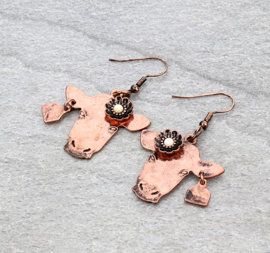 Western Flower Cow Head Dangle Earrings