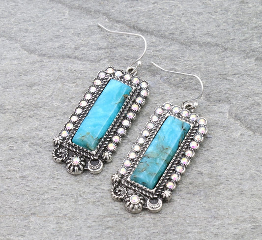 Western Rectangle Hand Craft Stone Dangle Earrings