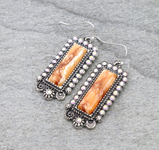 Western Rectangle Hand Craft Stone Dangle Earrings