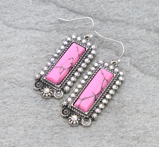 Western Rectangle Hand Craft Stone Dangle Earrings