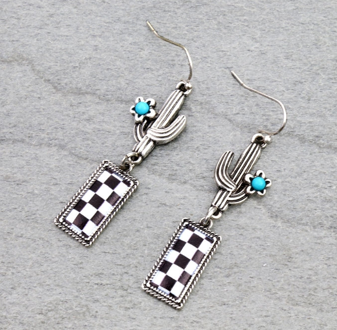 Checker Pattern Bar with Cactus Dangle Earrings