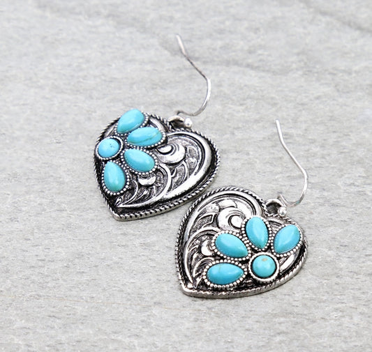 Western Filigree Heart with Stone Dangle Earrings