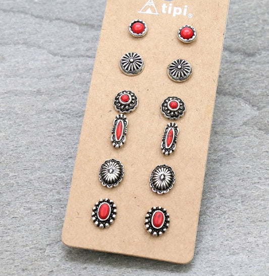 6 Pair Western Design Stud Earring Set