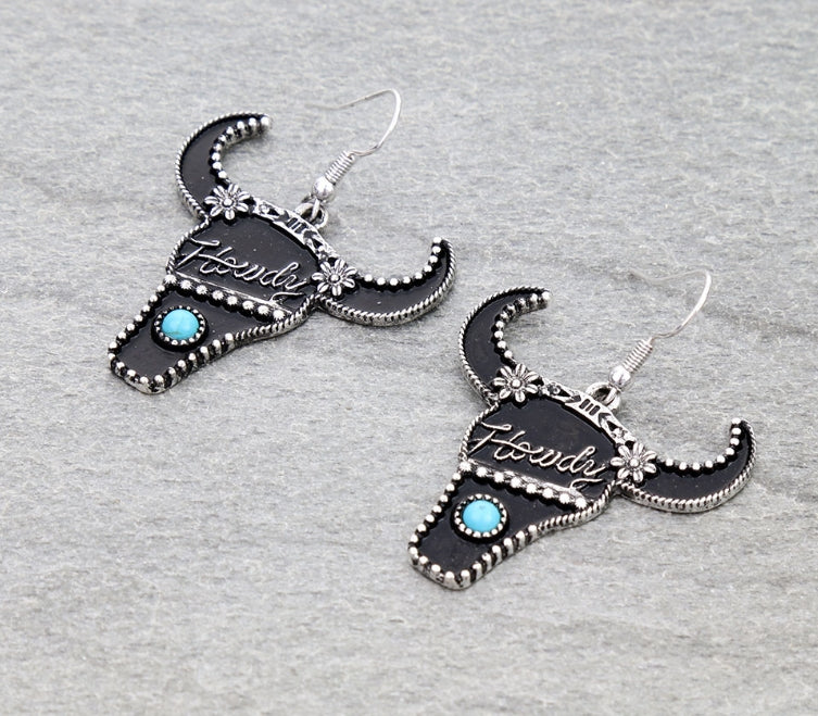 Western Howdy Steer Skull Dangle Earrings