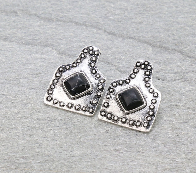 1.25″ Western Ear Tag with Stone Stud Earrings