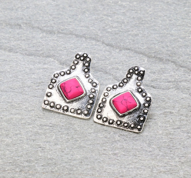 1.25″ Western Ear Tag with Stone Stud Earrings