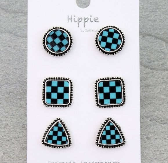 3 Pair Checker Pattern Shape Earring Set