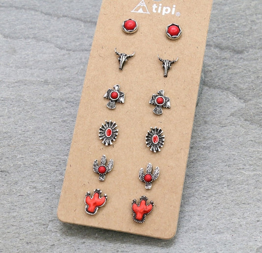 6 Pair Western Design Stud Earring Set