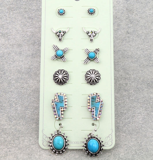 6 Pair Western Design Stud Earring Set