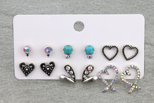 6 Pair Western Heart Stud Earring Set