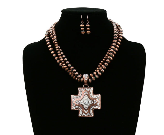 Western Navajo Style Pearl with Aztec Pendant Necklace Set