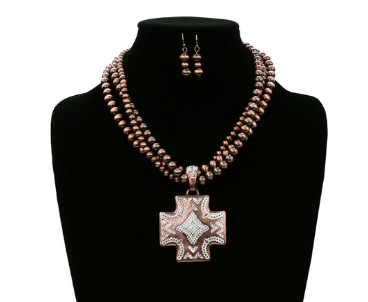 Western Navajo Style Pearl with Aztec Pendant Necklace Set