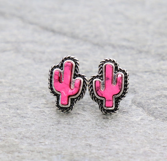 Western Hand Craft Stone Cactus Stud Earrings