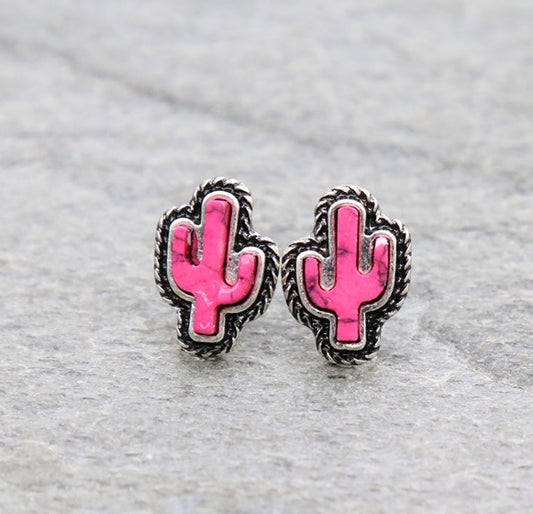Western Hand Craft Stone Cactus Stud Earrings