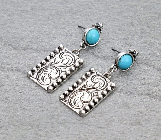 Western Rectangle Engraved Stud Earrings