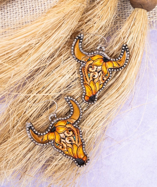 Sunflower Steer Faux Leather Earrings