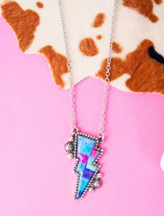 Colorful Lightning Bolt Silvertone Necklace