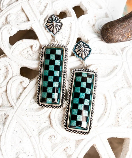 Turquoise Cool Valley Check Bar Earrings