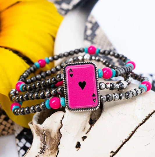 Fuchsia Ace Of Hearts Multi-Color Beaded Bracelet