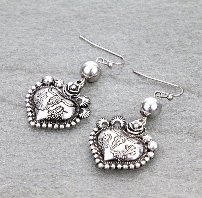 Western Ball TXR Steer Skull Heart Dangle Earrings