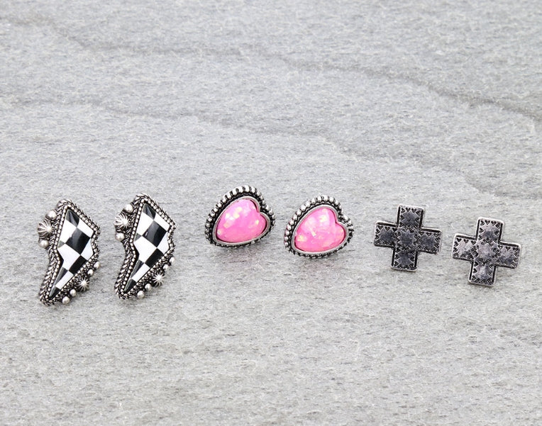 3 Pair Checkerboard Opal Earring Set