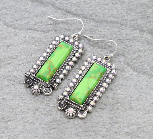 Western Rectangle Hand Craft Stone Dangle Earrings