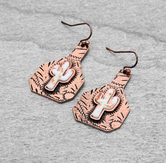 Cattle Tag Cactus Dangle Earrings