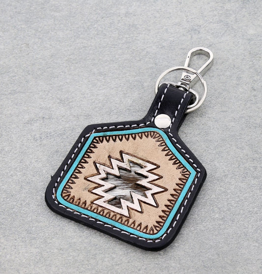 Western Tooled Leather Ear Tag Keychain – Aztec