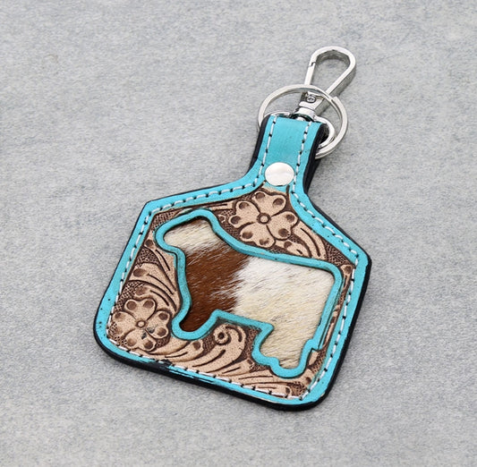 Western Tooled Leather Ear Tag Keychain – Cow
