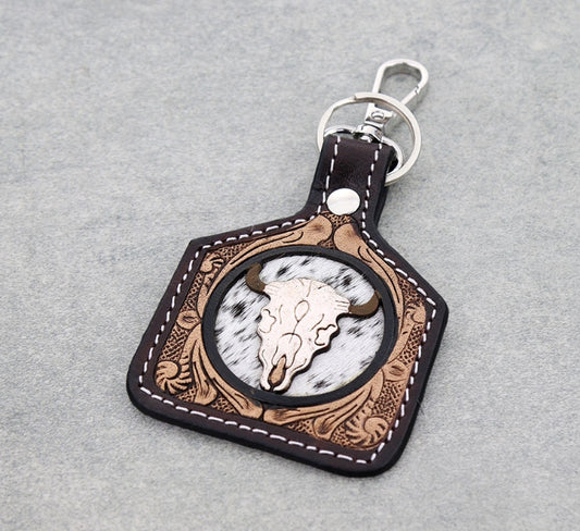 Western Tooled Leather Ear Tag Keychain – Steer Skull