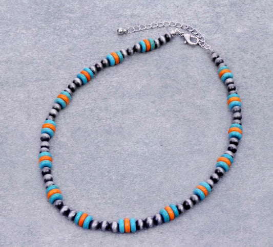 Western Navajo Style Pearl with Stone Necklace