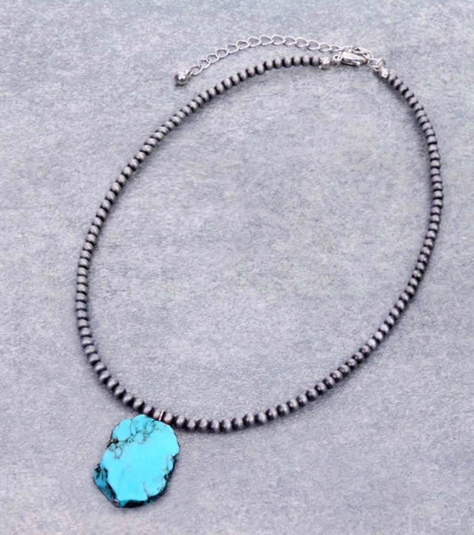 Western Navajo Style Pearl with Slab Stone Necklace