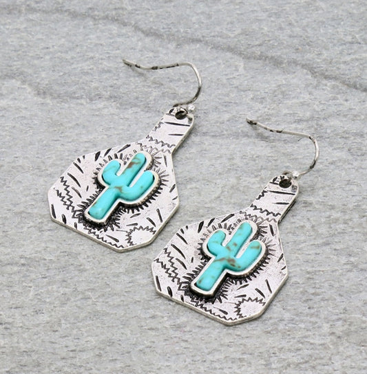 Cattle Tag Cactus Dangle Earrings
