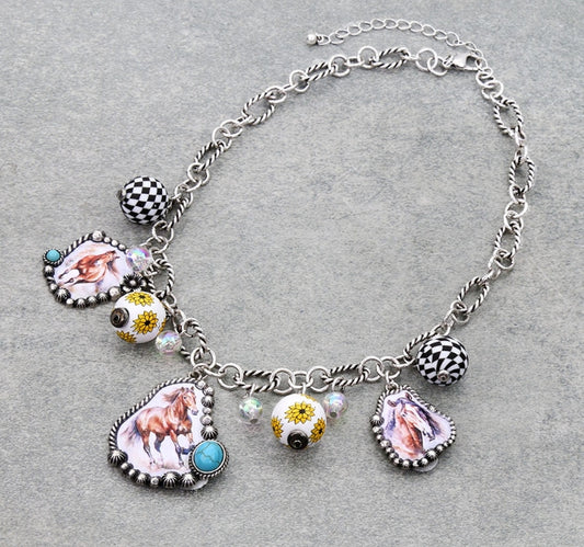 Western Horse Print Multi Charm Necklace