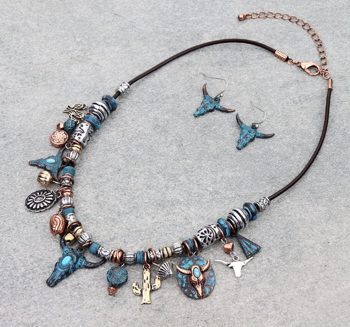 Western Steer Skull Multi Charm Necklace Set