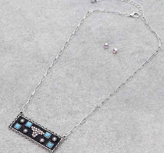 Western Cow Head Bar Necklace Set