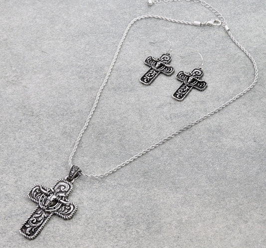 Western Filigree Cross Steer Skull Necklace Set