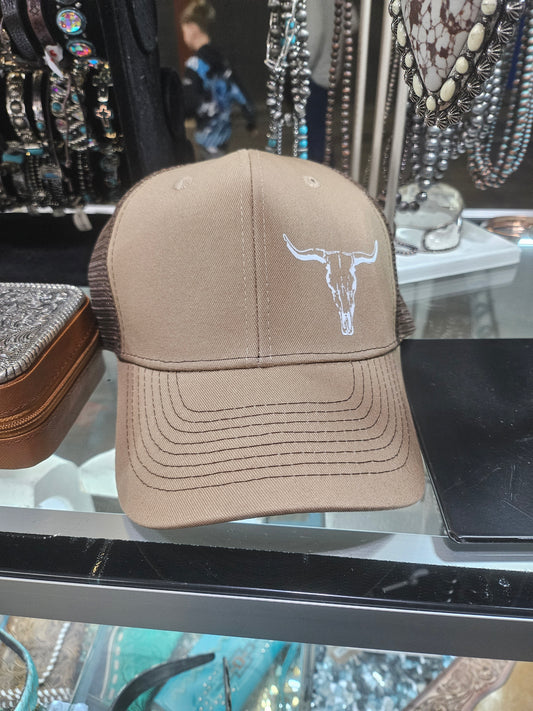Tan Baseball Hat with Steer Head