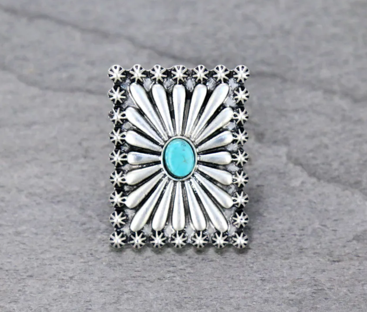 1.7″ Long, Boho Concho Natural Stone Adjustable Ring with Double Band