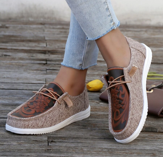 Tan Floral Tooled Lace Up Shoe