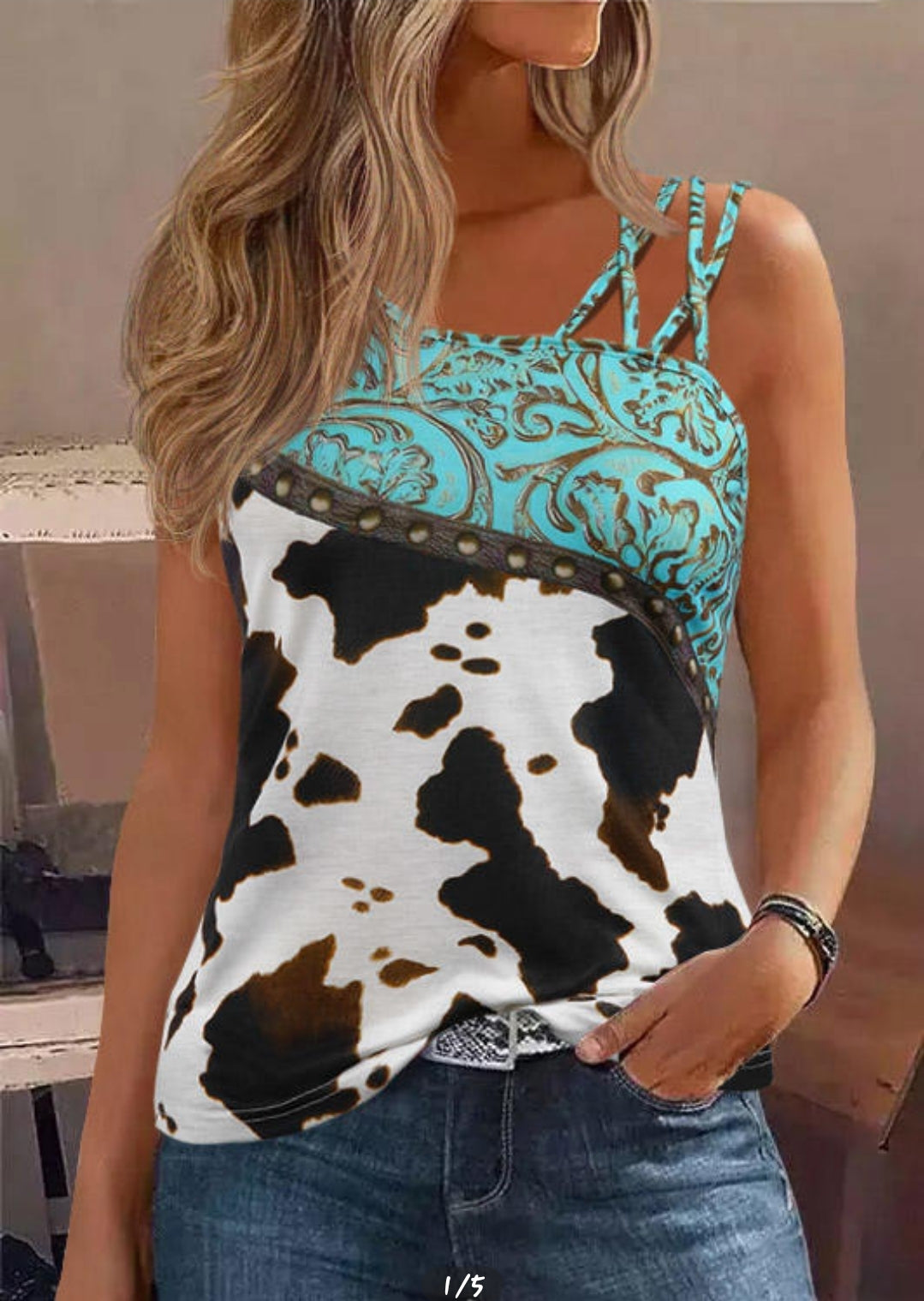 Cow Print Criss Cross Tank Top