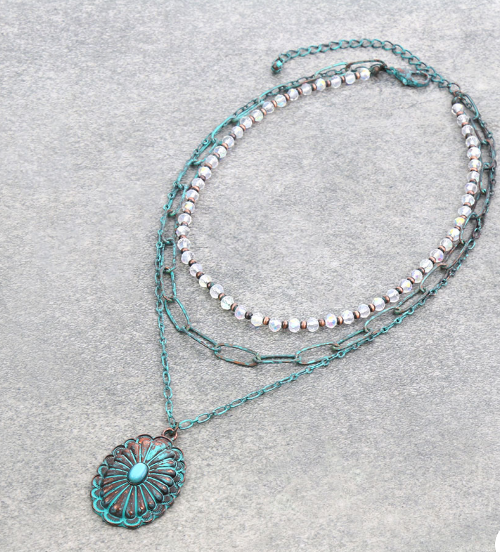 3Row Glass Bead and Chain with Concho Pendant Necklace