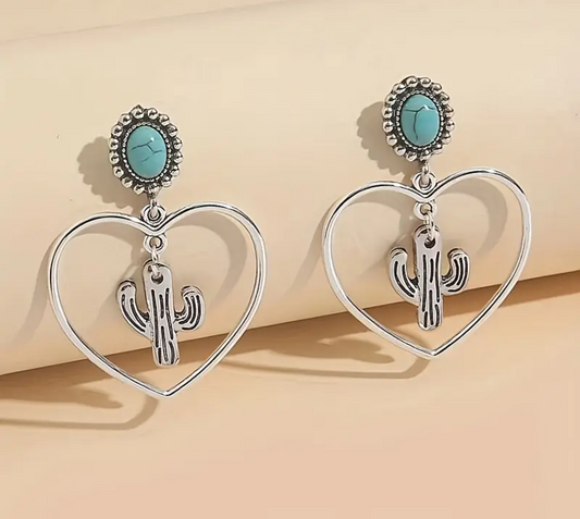 Turquoise Heart Cactus Dangle Earrings