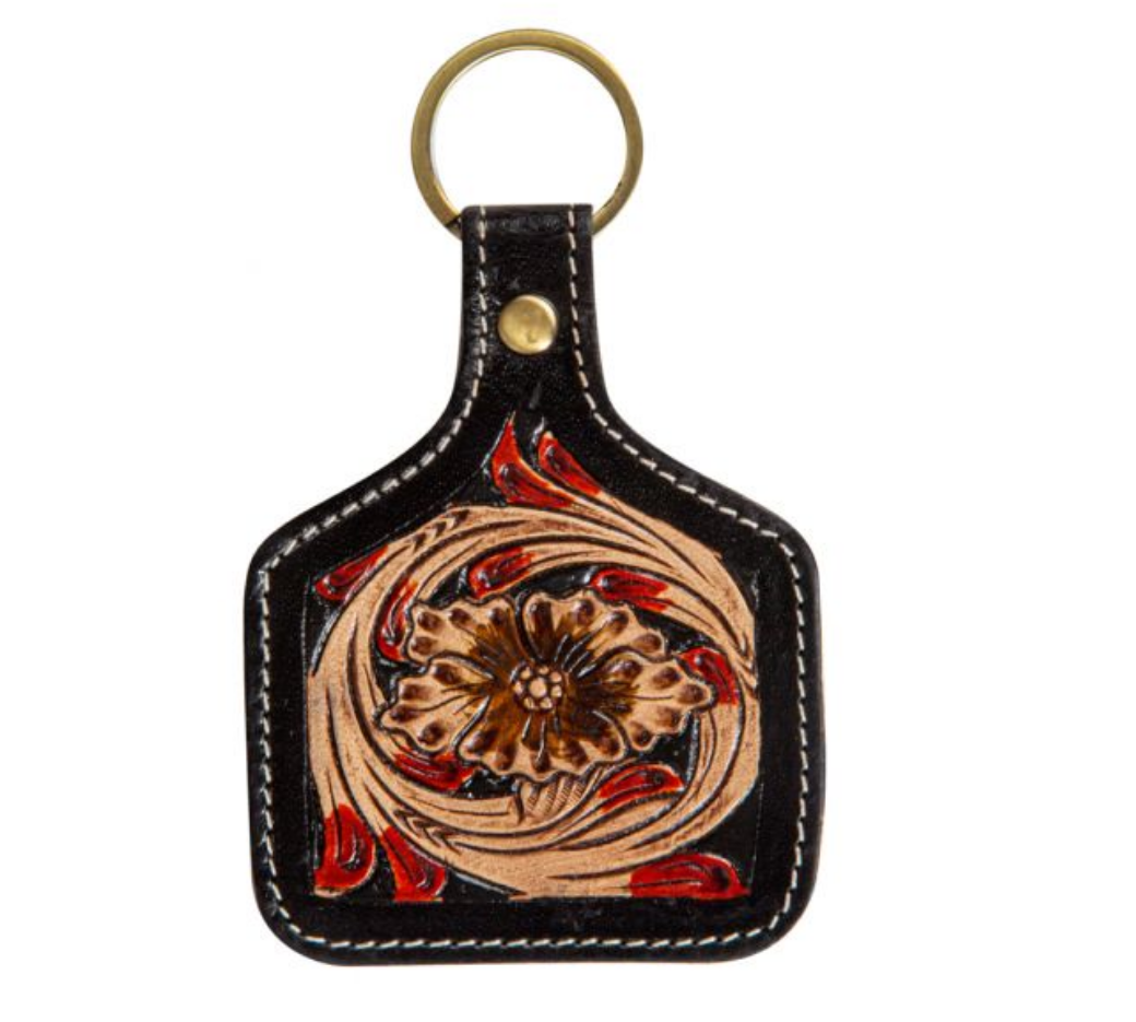 Magnolia Red Hand-Tooled Key Fob