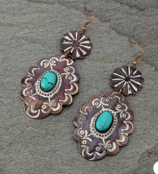 Handmade Turquoise Western Flower Fish Hook Earrings